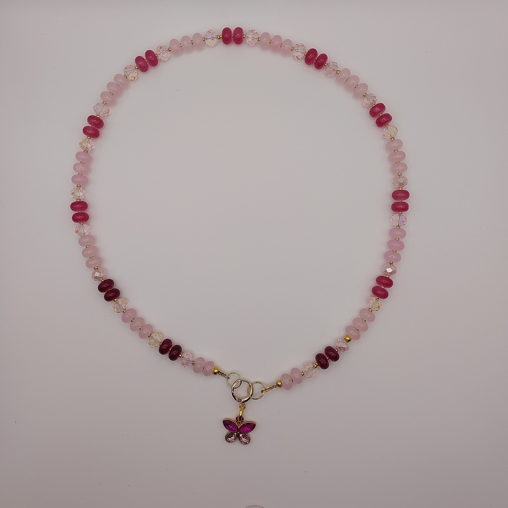 Elegant Pink Beaded Necklace with Butterfly Charm